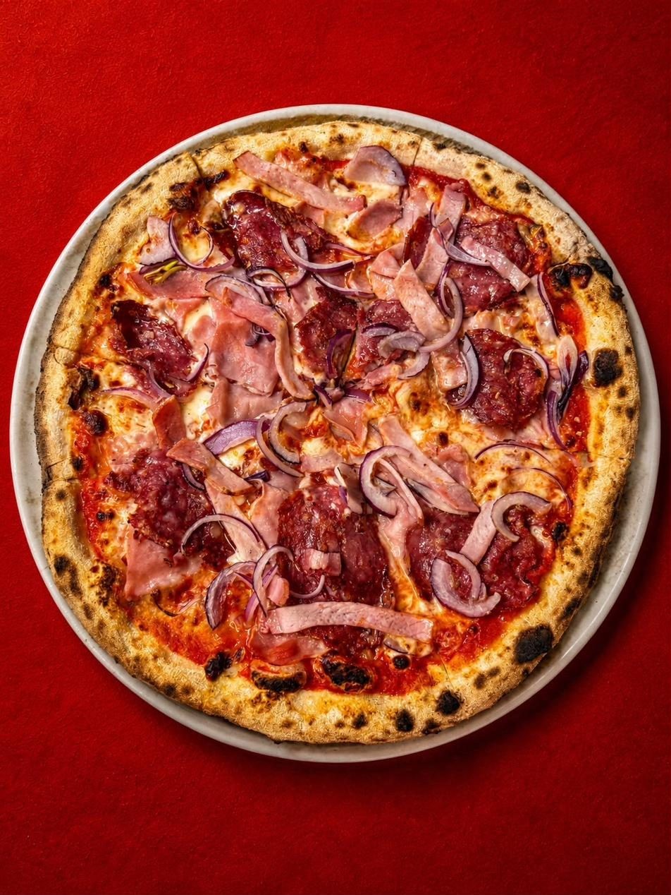 Meat Lovers pizza from the wood-fired oven